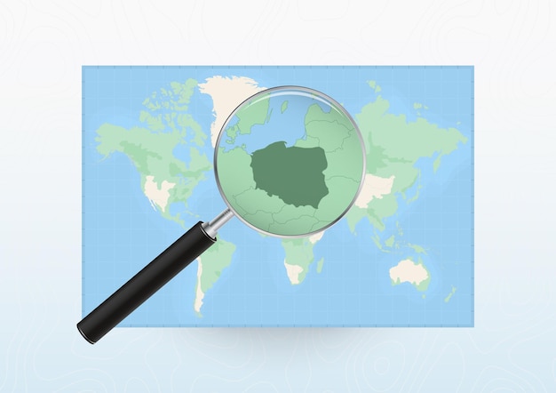 Map of the World with a magnifying glass aimed at Poland searching Poland with loupe