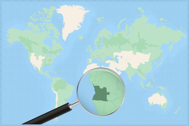 Map of the world with a magnifying glass on a map of Angola.