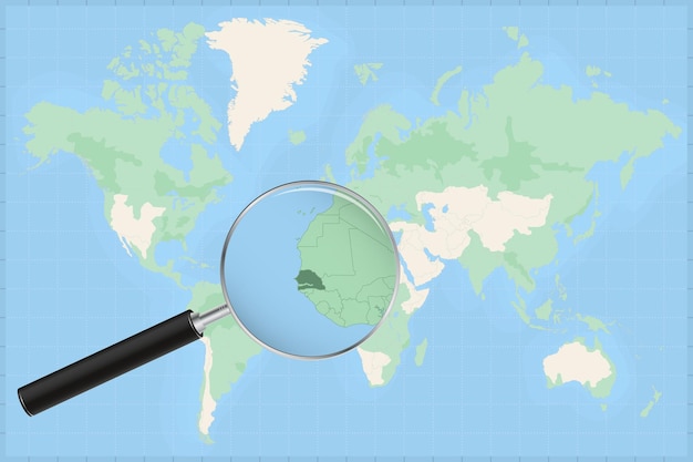 Map of the world with a magnifying glass on a map of Senegal.