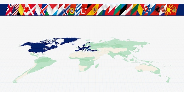 Map of the world with the members of the North Atlantic Alliance A set of flags of the Alliance members with a fluttering effect