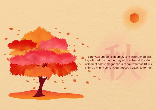 Maple tree with leaves falling down and sun in dry water color style on orange background