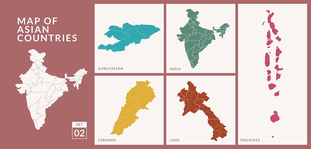 Maps of Asian countries countries, India, Maldives, Kyrgyzstan, Laos and Lebanan vector Illustration