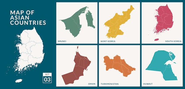 Maps of Asian countries countries, South korea, North korea, Brunei, Oman, Turkmenistan and Kuwait