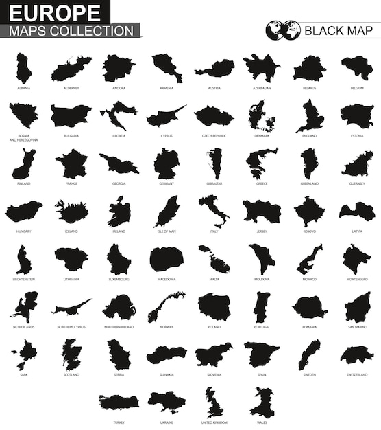 Maps collection countries of Europe, black contour maps of Europe. Vector set.