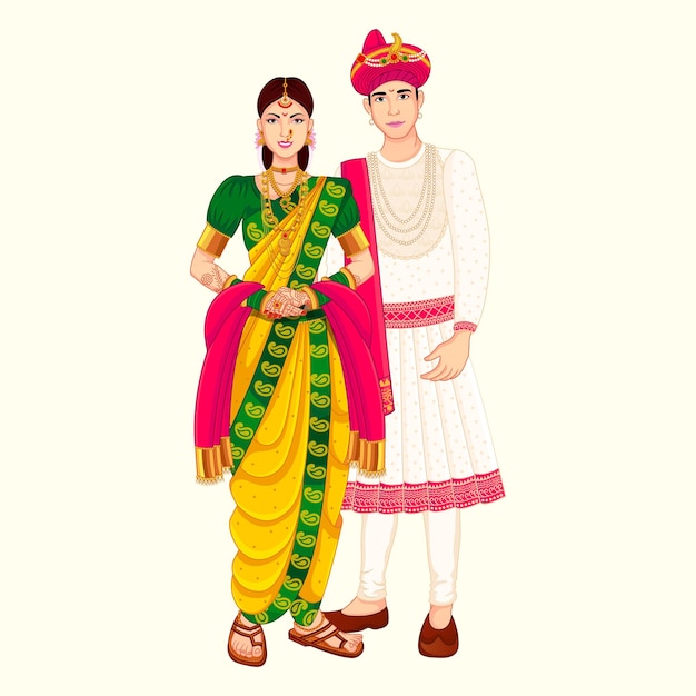 Marathi couple standing with peshwa look for indian wedding