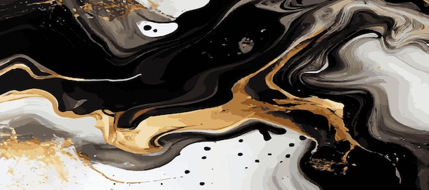 Marble panoramic texture black gold colored marble surface curved lines bright abstract background design Vector