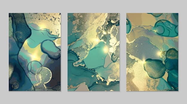 Marble set of green, turquoise and gold abstract backgrounds with glitter in alcohol ink technique