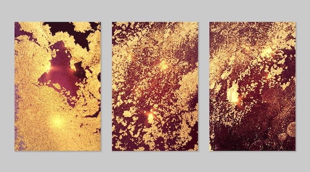 Marble set of maroon and gold abstract backgrounds with glitter in alcohol ink technique