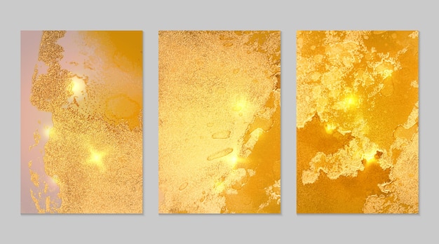 Marble set of yellow and gold abstract backgrounds with glitter in alcohol ink technique