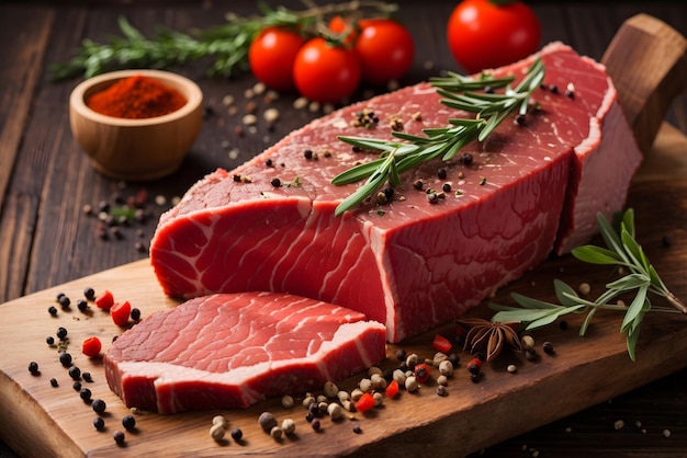 Vector marble veal steak with rosemary on a board on a wooden background