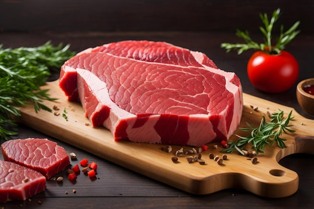 Vector marble veal steak with rosemary on a board on a wooden background