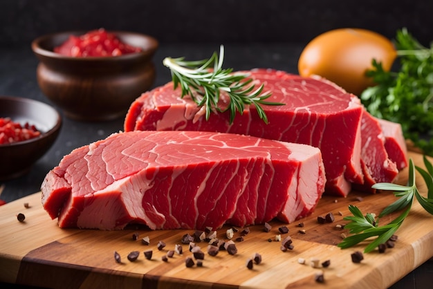 Vector marble veal steak with rosemary on a board on a wooden background