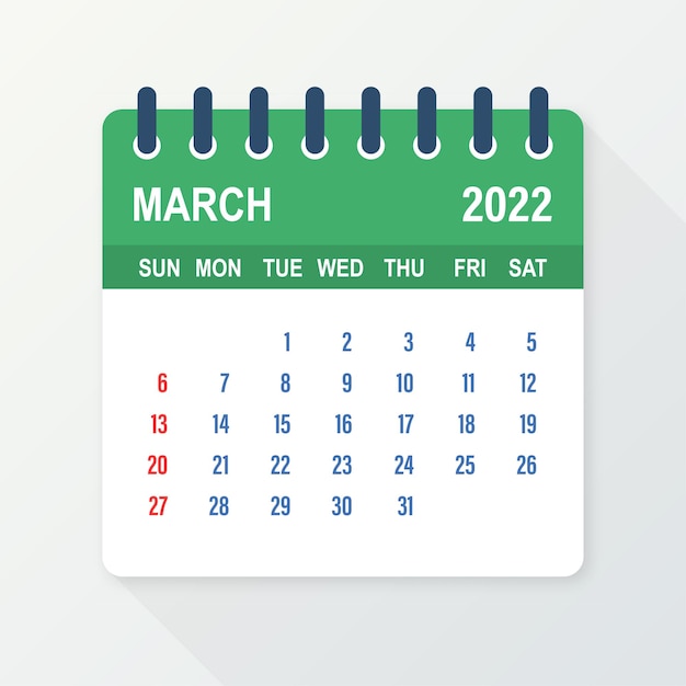 March 2022 Calendar Leaf. Calendar 2022 in flat style. Vector illustration.