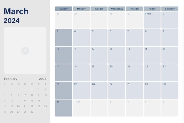 Vector march 2024 calendar desk planner with space for your picture weeks start on sunday