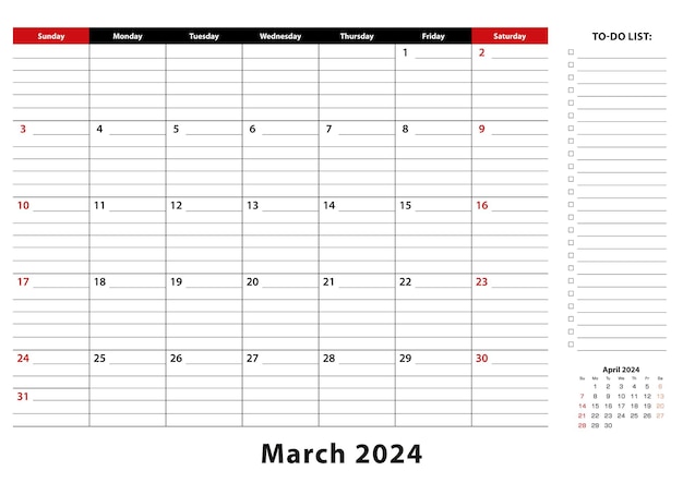 March 2024 Monthly Desk Pad Calendar week starts from sunday size A3