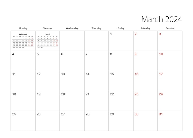 Vector march 2024 simple calendar planner, week starts from monday.