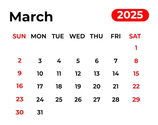 March 2025 monthly calendar design in clean look