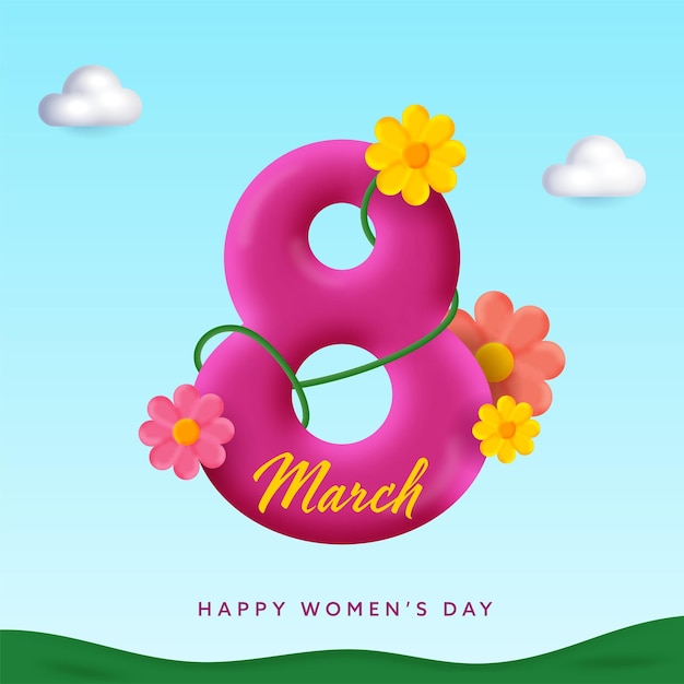 March of 3D Text 8 With Flowers On Clouds Decorated Background For Happy Women's Day Concept