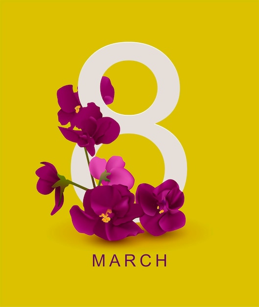 March 8 greeting card template. Violet flower on yellow.