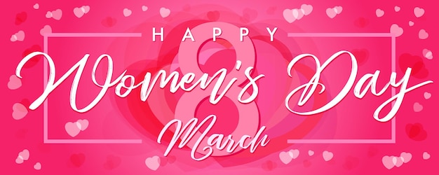 March 8 Happy Women's Day elegant lettering. Cute pink background, calligraphic inscription.