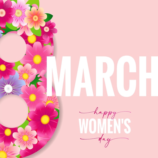 March 8, Happy Women's day elegant lettering and pink flowers. Greeting card design, creative text.