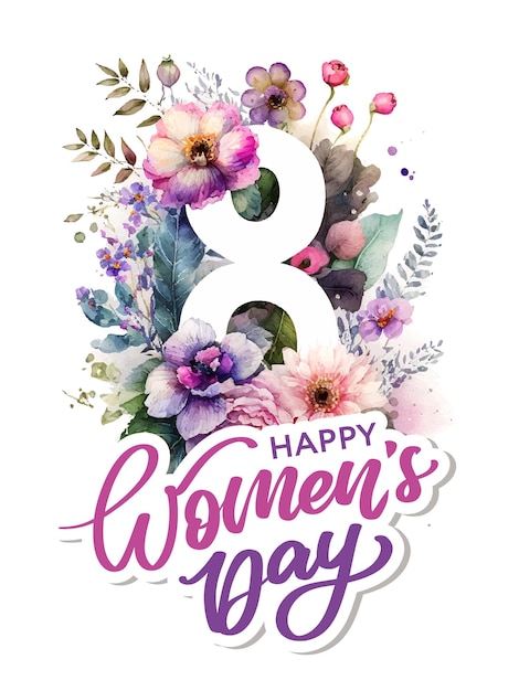 March 8 Happy Women's day greeting card watercolor flowers lettering greeting card Vector illustration