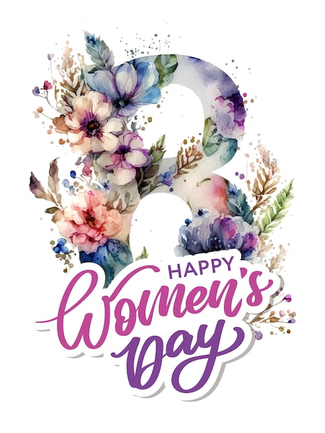 March 8 Happy Women's day greeting card watercolor flowers lettering greeting card Vector illustration