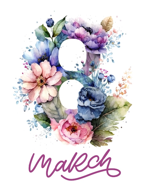 March 8 Happy womens day watercolor flowers lettering greeting card Vector illustration