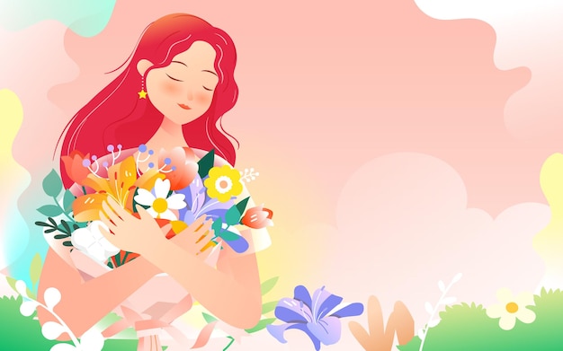 March 8 International Women's Day, girls surrounded by flowers, background with various flowers