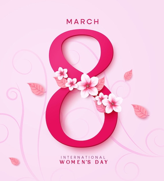 March 8 text vector design. International women's day celebration with flowers and leaves elements