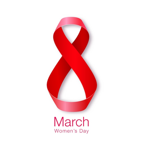 March 8 - Womens Day Paper Design of greeting card template. International Women's day Realistic symbol of red ribbon isolated on white background.