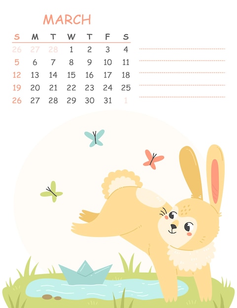 March children's vertical calendar 2023 with illustration of cute rabbit with paper boat and puddle