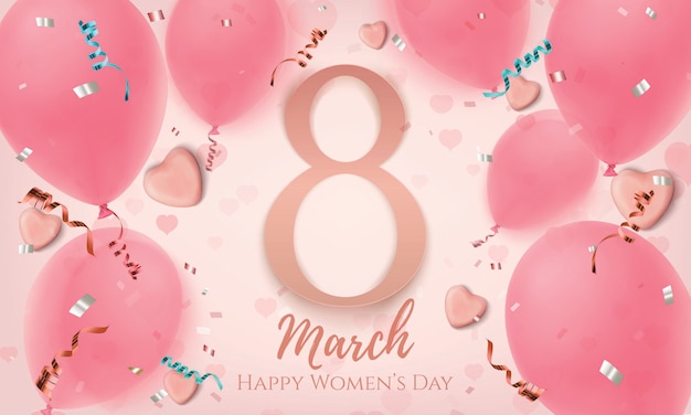 march, womens day pink background with candy hearts, balloons, konfetti and ribbons. Greeting card, brochure or banner template.