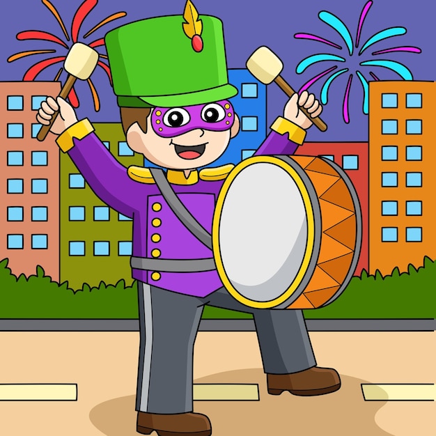 Mardi Gras Boy Playing Drums Colored Cartoon