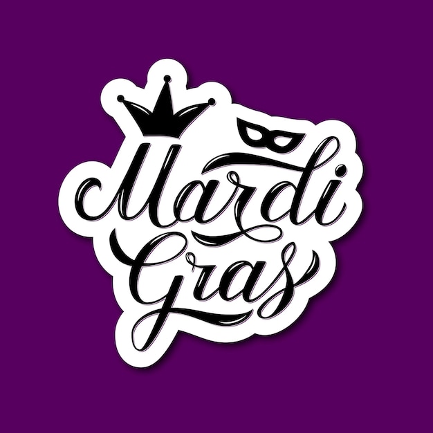 Vector mardi gras calligraphic hand lettering on bright purple background traditional carnival in new orleans fat or shrove tuesday celebration poster vector template for banner flyer party invitation