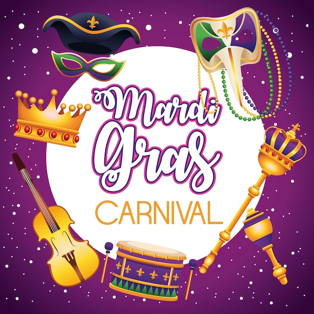 Mardi gras carnival lettering with set icons around  illustration 