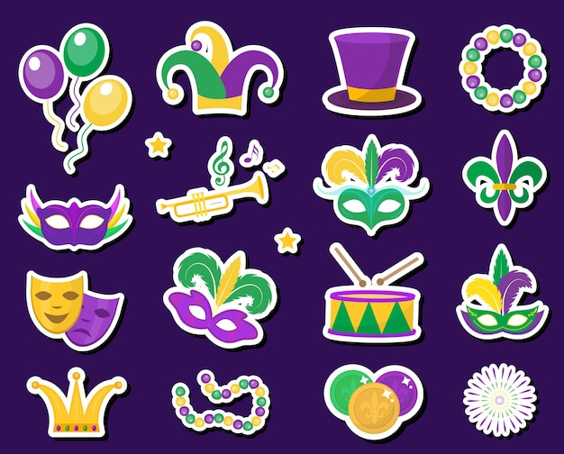 Mardi Gras carnival stickers patches badges set icons design element  flat style