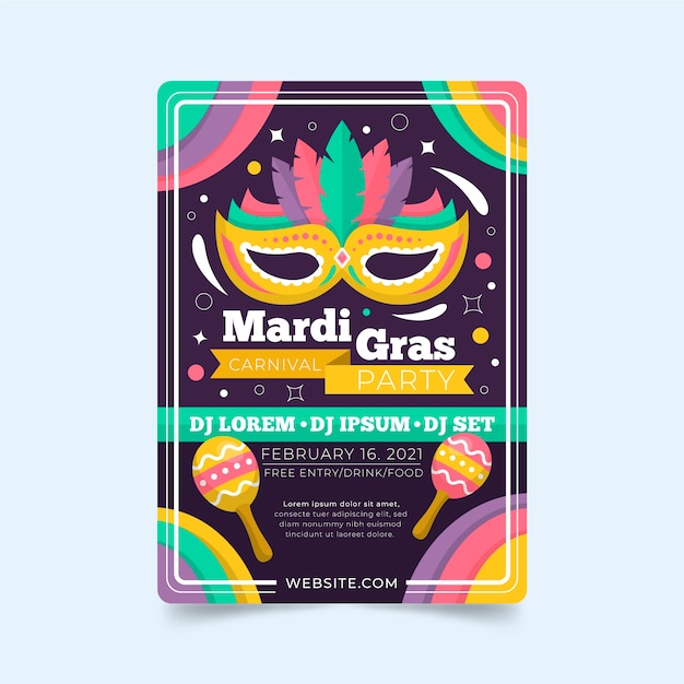 Vector mardi gras flat design flyer template with mask and maracas