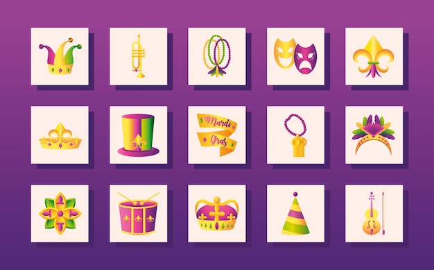 Mardi gras icons set joker hat beads trumpet music carnival festive on purple background vector illustration