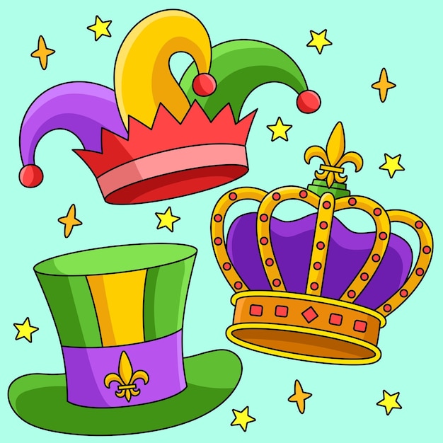 Mardi Gras King Crown and Jester Hat Colored