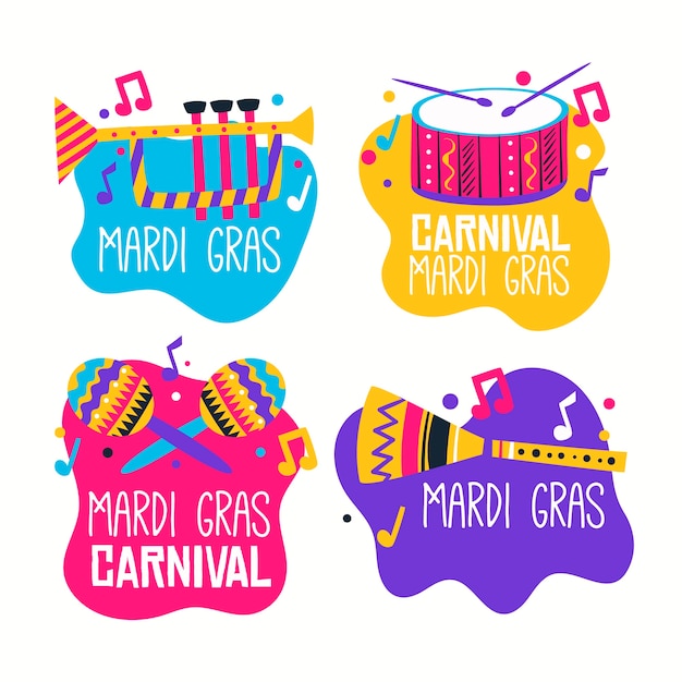 Mardi gras label collection with musical instruments