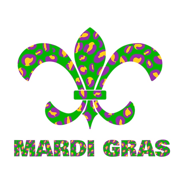 Mardi Gras leopard lettering and Fleur de lis Fat Tuesday traditional carnival in New Orleans Vector template for banner flyer party invitation etc