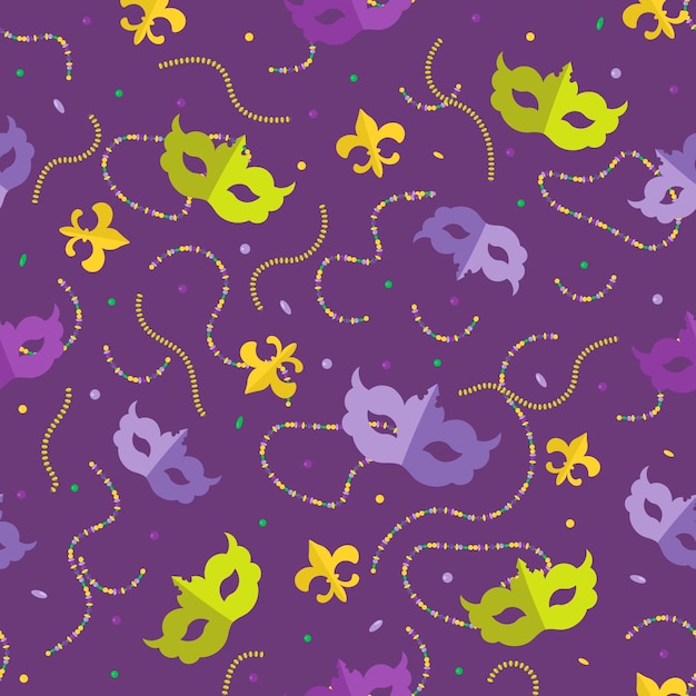 Mardi Gras masks and beads white seamless background.