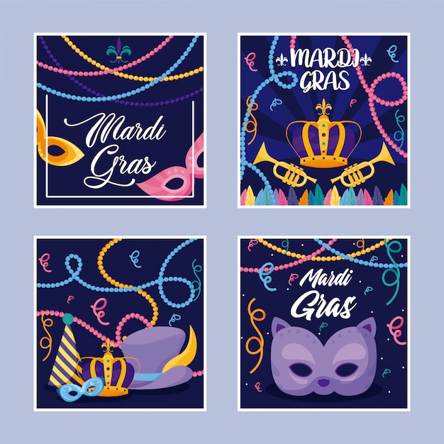 Mardi gras masks crowns hats and trumpets