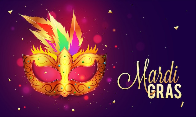 Mardi Gras Party Concept Design with golden mask on shiny purple background.