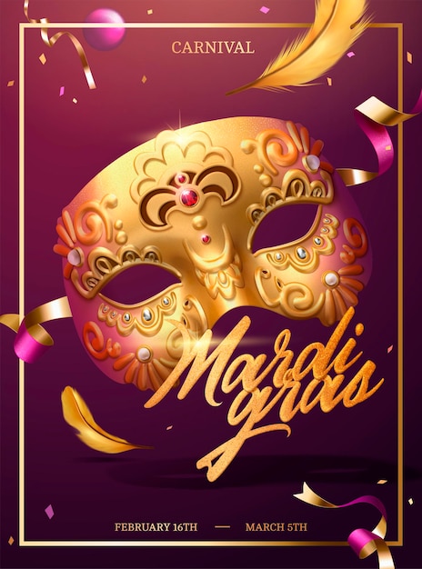 Mardi gras poster with golden luxurious mask and confetti in 3d illustration