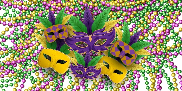 Mardi gras with mask pile on beads background mardi gras vector design illustration