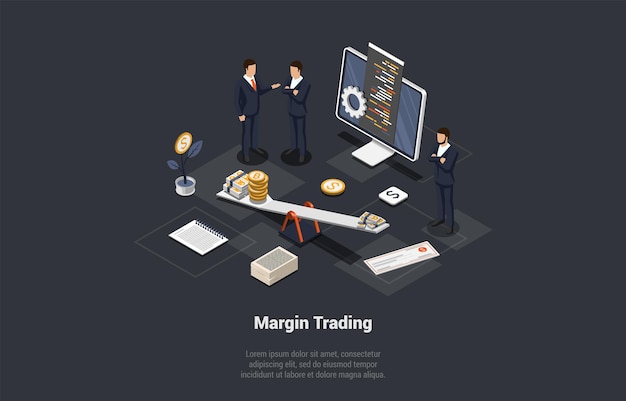 Vector margin trading risks and profits concept men traders made profitable deal with broker in short and long positions characters trade forex and crypto assets online isometric 3d vector illustration