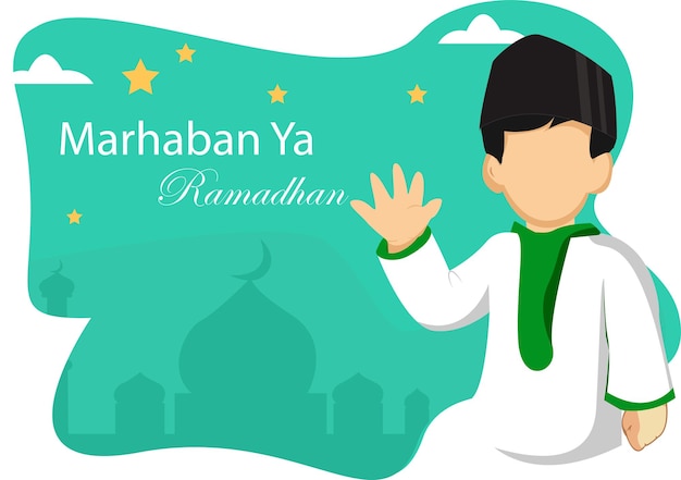 Marhaban ya Ramadan banner muslim celebration greeting card cartoon vector