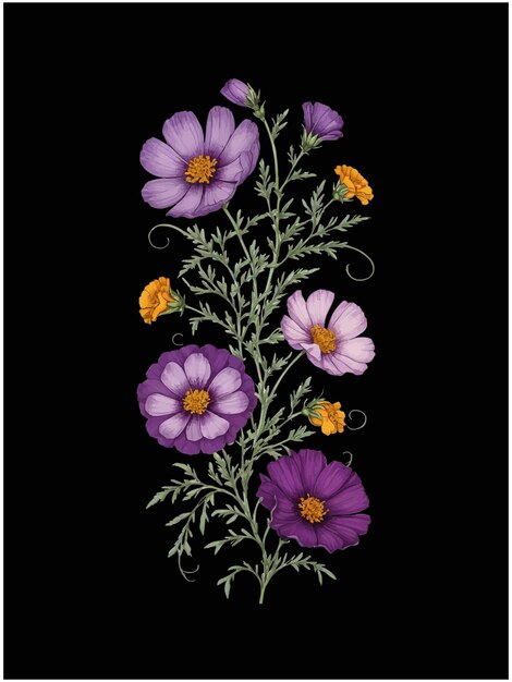 Vector marigolds and purple cosmos flowers with ornamental and curved branches arranged in arts